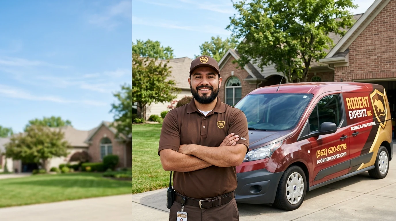 Licensed Rodent Expertz technician with professionally wrapped service van at a Long Beach, CA home