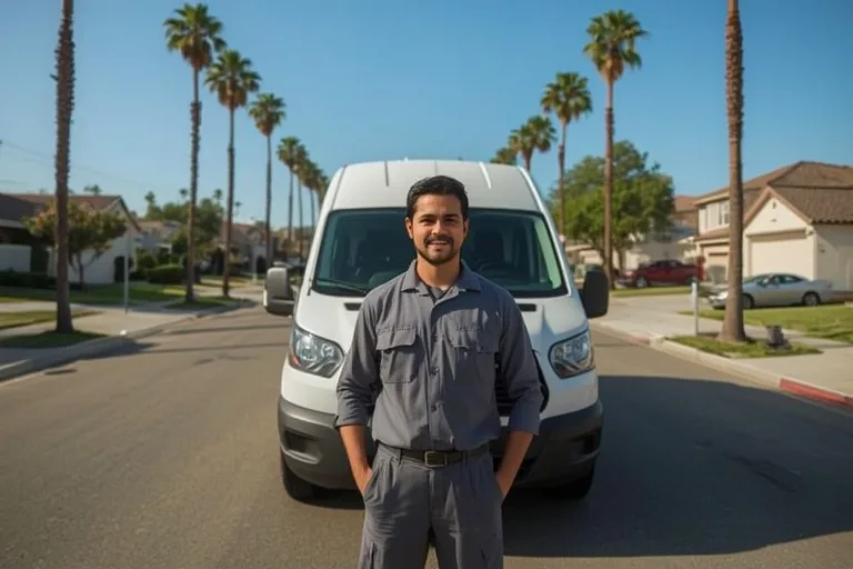 Rodent Expertz technician with service van in Long Beach CA neighborhood