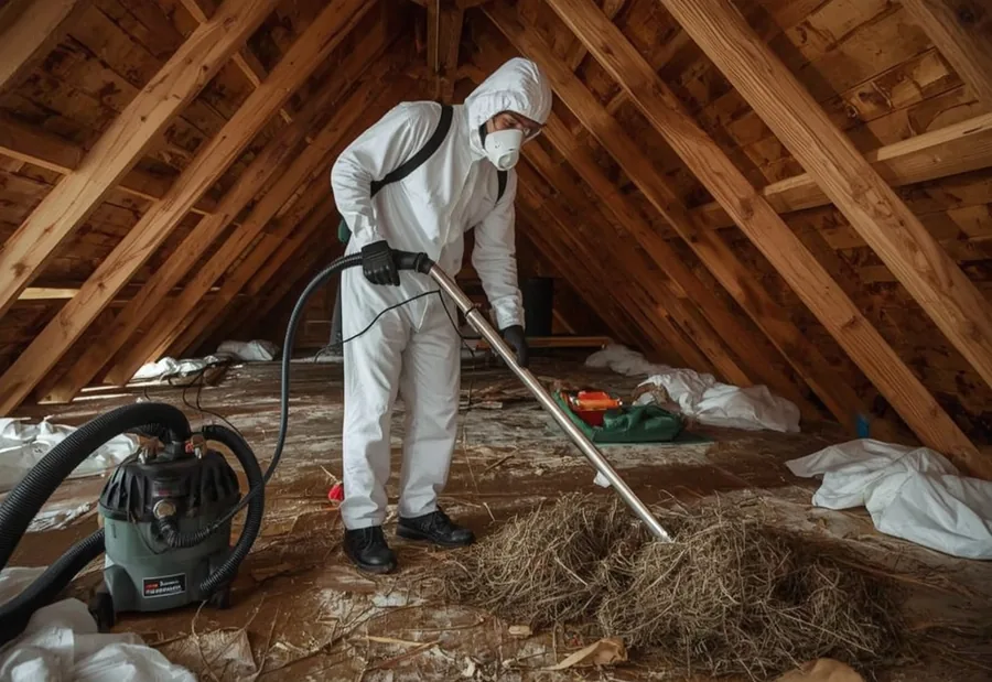 Technician in protective suit removing rodent droppings and nesting from an attic