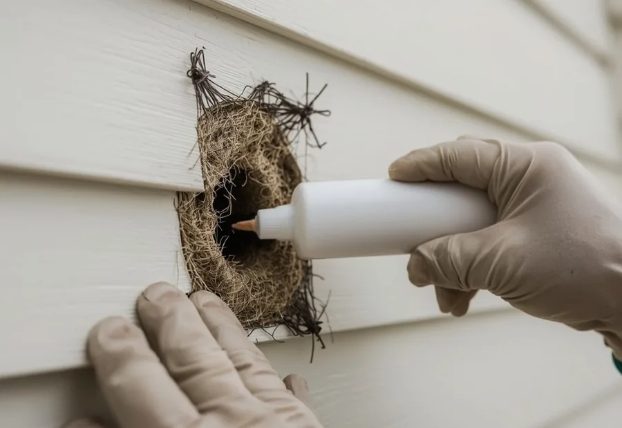 Technician sealing a rodent entry hole with steel mesh for rodent exclusion and proofing