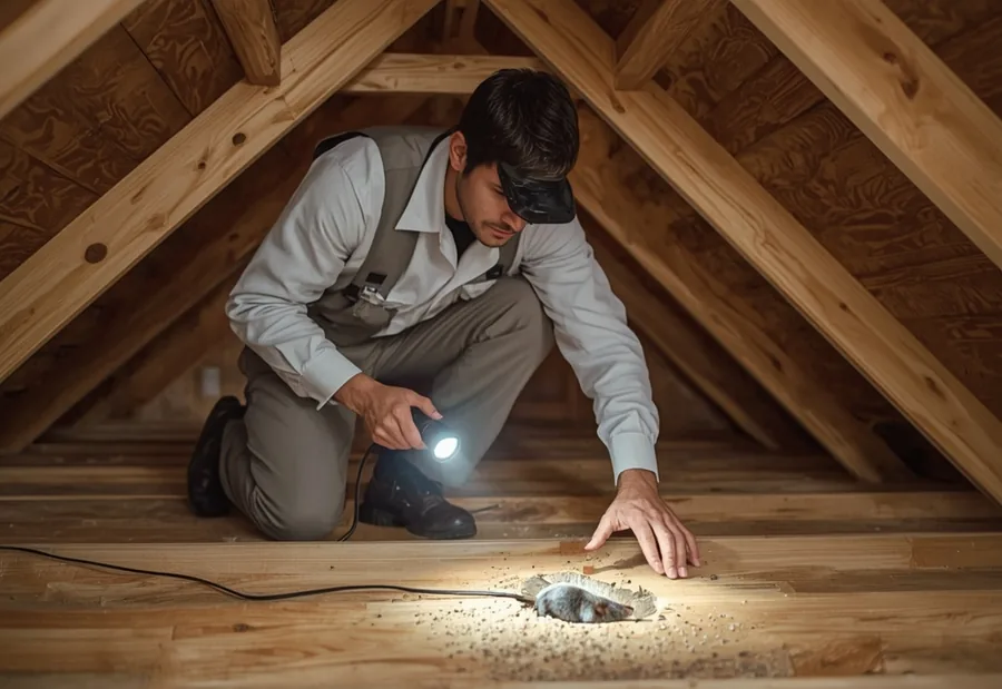 Technician inspecting an attic with a flashlight for rodent droppings and entry points